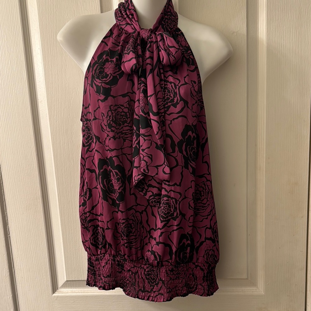Purple black geographic print sleeveless satin necktie bow blouse size large